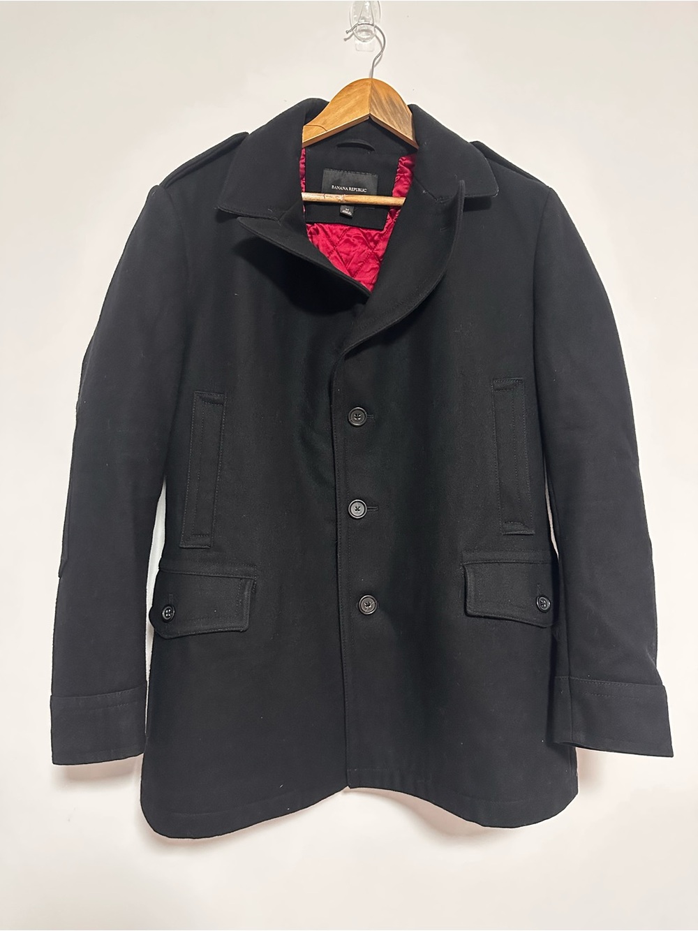 Banana Republic Black Wool Pea Coat with Red Quilted Lining
